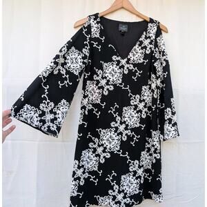 Adrianna Papell Womens Black‎ Cold Shoulder Shift Dress Sz 6 Floral Flare Sleeve